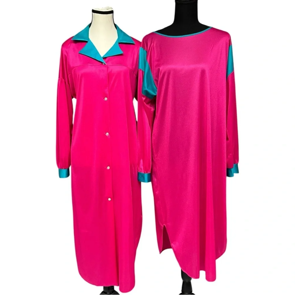 Vintage 80s Nylon Nightgown Robe Set Pink Teal Lounge Set Long Sleepwear